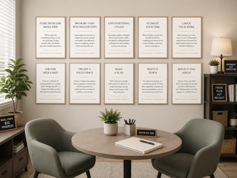 May include: A set of ten framed wall art prints featuring motivational text and productivity advice. Each print has a light background with black lettering, organized in two rows of five, displayed above a round table with two chairs.