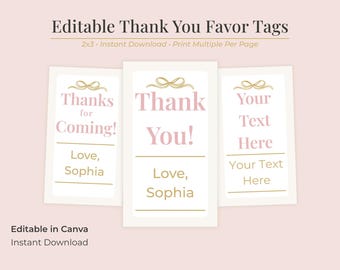 Etiquetas de agradecimiento para recuerdos, imprimibles, etiquetas de regalo de cumpleaños, plantilla editable de Canva, tarjeta de agradecimiento para fiesta de adolescentes, etiqueta de celebración para preadolescentes, lazo rosa dorado