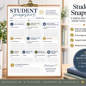 May include: A Student Snapshot printable form on a clipboard featuring sections for student information, learning preferences, strengths, goals, and hobbies. The document includes text prompts, icons, and lines for writing, measuring 8.5 inches by 11 inches.
