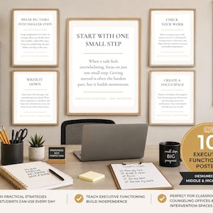 May include: A set of five framed wall posters with white backgrounds and black text, featuring motivational phrases like Start With One Small Step, Break Big Tasks Into Smaller Steps, Write It Down, Check Your Work, and Create A Focus Space.