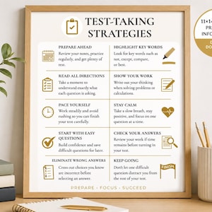 May include: A framed infographic titled TEST-TAKING STRATEGIES with gold icons and text. It lists eight tips including PREPARE AHEAD, READ ALL DIRECTIONS, PACE YOURSELF, START WITH EASY QUESTIONS, ELIMINATE WRONG ANSWERS, HIGHLIGHT KEY WORDS, SHOW YOUR WORK, STAY CALM, and CHECK YOUR ANSWERS.