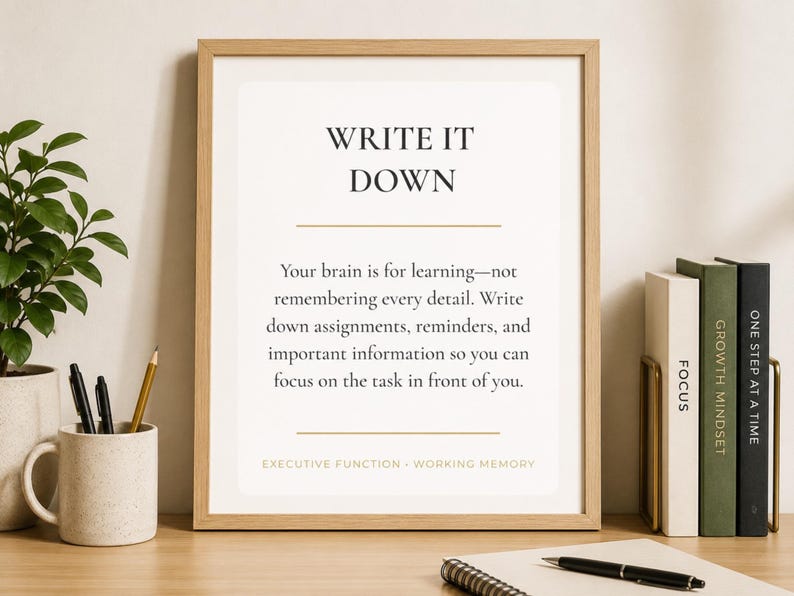 May include: A framed wall art print with a light wood frame featuring the text: WRITE IT DOWN. Your brain is for learning&mdash;not remembering every detail. Write down assignments, reminders, and important information so you can focus on the task in front of you. EXECUTIVE FUNCTION - WORKING MEMORY.