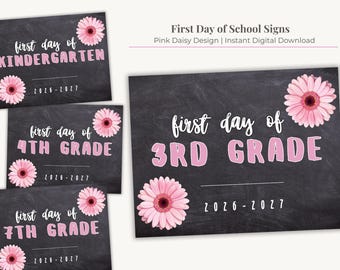 Cartel imprimible del primer día de clases, descarga instantánea, accesorio digital para fotos de regreso a clases, jardín de infantes, preescolar, impresión de fotos, póster de margarita rosa