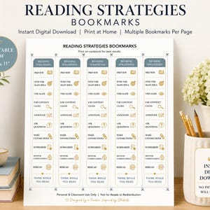 Pode incluir: Uma folha PDF imprimível de marcadores de estratégias de leitura com cinco colunas verticais com ícones e texto dourados. O texto inclui estratégias de leitura como Preview, Find the Main Idea, Visualize, Use Context Clues, Annotate, Ask Questions, Make Connections, Summarize, Monitor Understanding, Reread e Think While You Read.