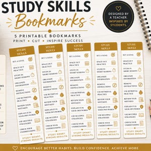 May include: Five printable bookmarks featuring the text STUDY SKILLS and a list of academic habits including set a goal, space out practice, study in short sessions, organise information, remove distractions, use retrieval practice, and review mistakes.
