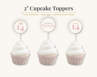 Adorno para cupcakes de cumpleaños número 14, imprimible, decoración para fiestas, plantilla editable de Canva, descarga digital instantánea, celebración para preadolescentes y adolescentes, color rosa.