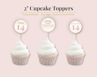14th Birthday Topper Cupcake Printable Party Decoration Editable Canva Template Instant Digital Download Tween Celebration Teen Pink Gold