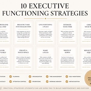 May include: A digital educational chart titled 10 EXECUTIVE FUNCTIONING STRATEGIES featuring ten white rectangular cards with black text outlining methods like Start With One Small Step and Make A Plan, plus a circular badge stating Printable PDF & JPG 8.5 x 11.