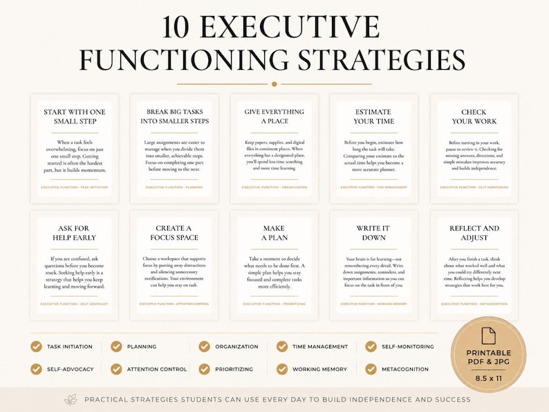 May include: A digital educational chart titled 10 EXECUTIVE FUNCTIONING STRATEGIES featuring ten white rectangular cards with black text outlining methods like Start With One Small Step and Make A Plan, plus a circular badge stating Printable PDF & JPG 8.5 x 11.
