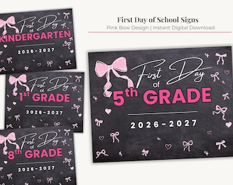 Cartel imprimible del primer día de clases, descarga instantánea, accesorio digital para fotos de regreso a clases, jardín de infantes, preescolar, impresión de fotos, póster con lazo rosa