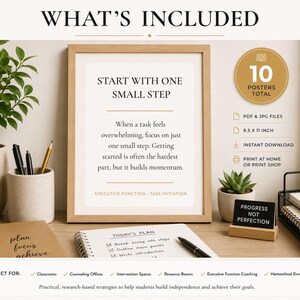 May include: A digital download set of 10 posters, 8.5 x 11 inches, featuring the text 'START WITH ONE SMALL STEP' and 'EXECUTIVE FUNCTION - TASK INITIATION'. The design includes motivational advice on overcoming overwhelming tasks, presented in a light-colored frame.