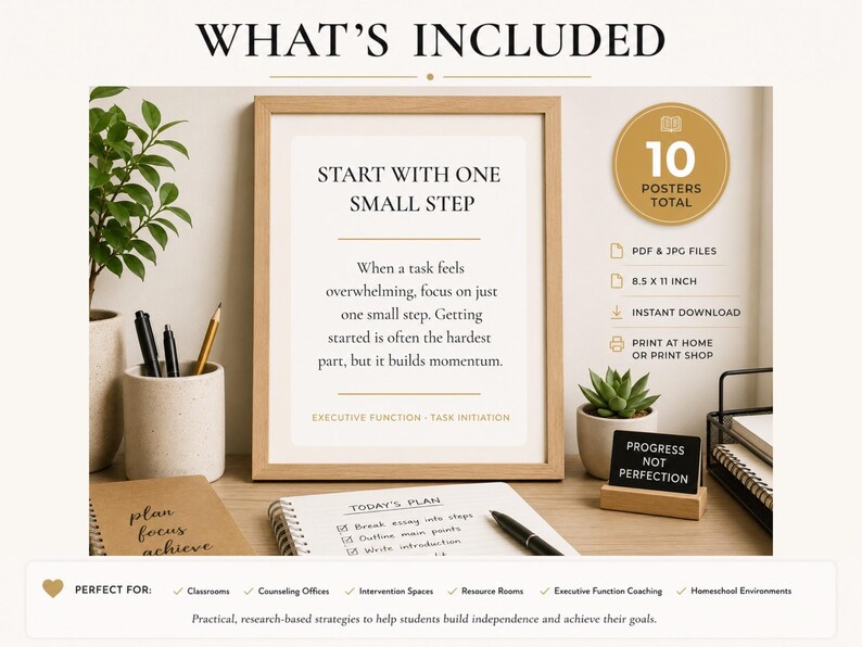 May include: A digital download set of 10 posters, 8.5 x 11 inches, featuring the text 'START WITH ONE SMALL STEP' and 'EXECUTIVE FUNCTION - TASK INITIATION'. The design includes motivational advice on overcoming overwhelming tasks, presented in a light-colored frame.