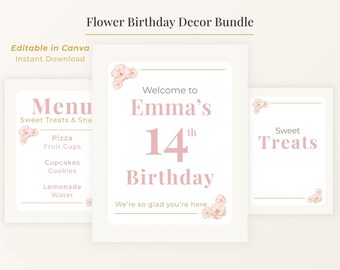 Paquete de letreros para el decimocuarto cumpleaños. Plantilla editable de Canva. Descarga digital. Diseño personalizable para eventos. Decoración para fiestas de adolescentes en rosa y dorado. Imprimible.