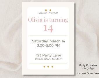 Plantilla editable de invitación de cumpleaños para adolescentes en Canva, imprimible para fiestas de preadolescentes, descarga digital, tarjeta de celebración para chicas adolescentes, invitación rosa y dorada para el 14 cumpleaños.
