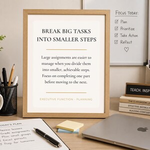May include: A light wood framed print featuring the text: BREAK BIG TASKS INTO SMALLER STEPS. Large assignments are easier to manage when you divide them into smaller, achievable steps. Focus on completing one part before moving to the next.