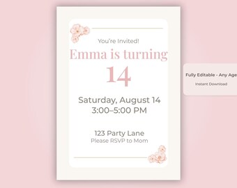 Invitación de cumpleaños número 14 Plantilla editable Canva Descarga digital Tarjeta de invitación imprimible para fiesta de adolescentes Anuncio de celebración para preadolescentes
