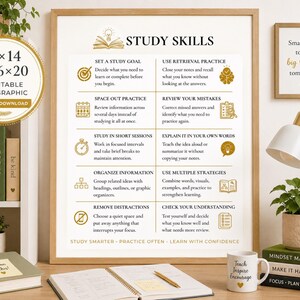 Study Skills Poster Wall Art Student Bedroom Dorm Room College Learning Technique Guide Educational Printable Download Digital Homework Help
