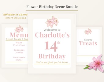 Paquete de letreros para el decimocuarto cumpleaños. Plantilla editable de Canva. Descarga digital. Diseño personalizable para eventos. Decoración para fiestas de adolescentes en rosa y dorado. Imprimible.