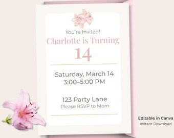 Plantilla imprimible de invitación de cumpleaños número 14, editable en Canva, descarga digital, invitación para fiesta de adolescentes, celebración para chicas jóvenes, diseño floral rosa y dorado.