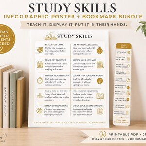 Könnte beinhalten: Ein Lernstrategien-Infografik-Poster und Lesezeichen-Set mit goldenem Text und Symbolen auf weißem Hintergrund. Das Poster listet Lernmethoden wie Zielsetzung und Abrufpraxis auf. Der Text umfasst STUDY SKILLS sowie TEACH IT. DISPLAY IT. PUT IT IN THEIR HANDS.
