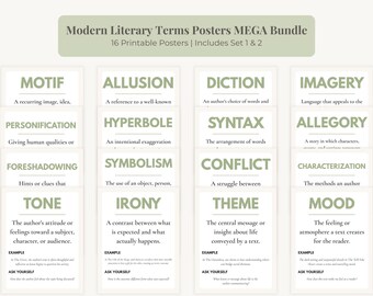 MEGA PAQUETE de pósteres de términos literarios Descarga instantánea Arte mural para el aula de inglés para profesores de Lengua y Literatura Tabla de referencia de recursos literarios para la escuela secundaria
