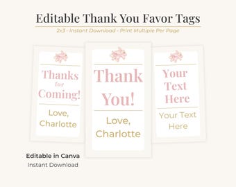 Etiquetas de agradecimiento para regalos de cumpleaños imprimibles, plantilla editable de Canva, tarjeta de agradecimiento para fiestas de adolescentes, etiqueta de celebración para preadolescentes, rosa y dorado.