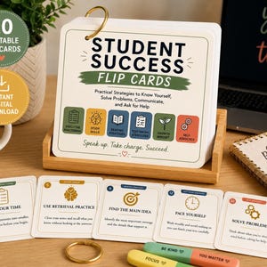 May include: A set of Student Success Flip Cards on a metal ring, displayed in a wooden stand. The cards feature text, icons, and strategies for executive functioning, study skills, and problem-solving. Five individual cards are laid out in front.