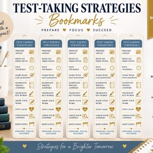 May include: Five vertical bookmarks on an 8.5 by 11 inch page, each featuring the text Test-Taking Strategies and a list of steps including Prepare Ahead, Read All Directions, Pace Yourself, Start With Easy Questions, and Check Your Answers.
