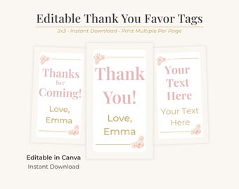 Etiquetas de agradecimiento para regalos de cumpleaños imprimibles, plantilla editable de Canva, tarjeta de agradecimiento para fiestas de adolescentes, etiqueta de celebración para preadolescentes, rosa y dorado.
