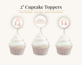 Adorno para cupcakes de cumpleaños número 14, imprimible, decoración para fiestas, plantilla editable de Canva, descarga digital instantánea, celebración para preadolescentes y adolescentes, color rosa.