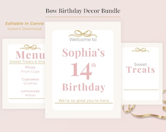 Paquete de letreros para el decimocuarto cumpleaños. Plantilla editable de Canva. Descarga digital. Diseño personalizable para eventos. Lazo rosa y dorado. Fiesta de adolescentes. Imprimible.
