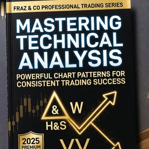 May include: A black book with the title "Mastering Technical Analysis" from the Fraz & Co Professional Trading Series. The cover has white text and gold accents, including a 2025 Premium Edition badge and chart pattern graphics.