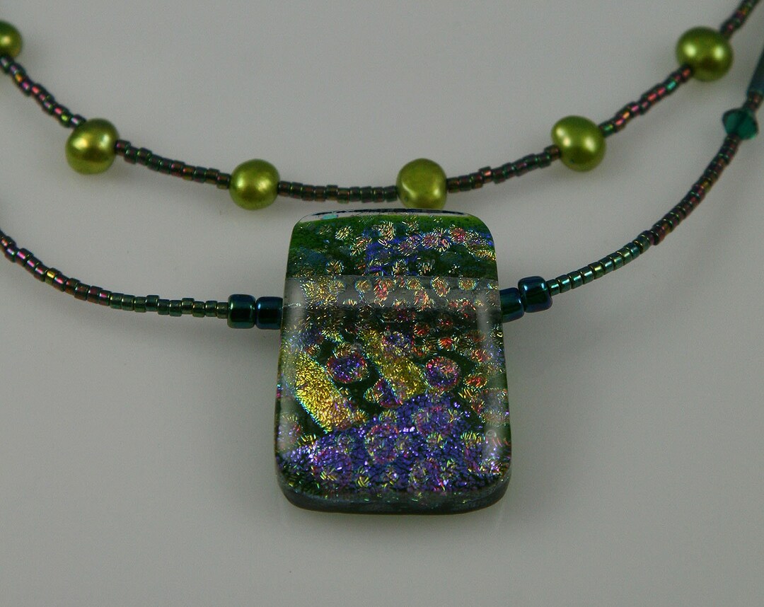 Necklace With Handmade Fused Glass, Beaded Stringing With Delica Beads