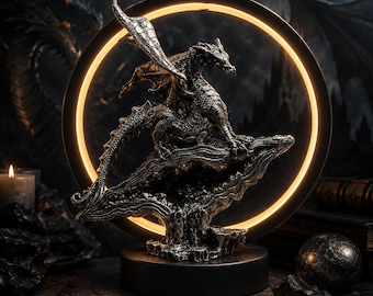 Dragon Statue Lamp with LED Halo Light – Fantasy Dragon Night Light, Gothic Home Decor, Metal Resin Table Lamp for Bedroom, Living Room
