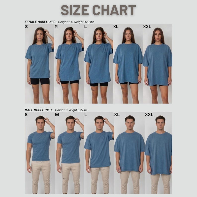 The image is a size chart that provides measurements for both male and female models. It includes a series of images of models wearing blue t-shirts, with their heights and weights displayed. The chart is organized into two columns, one for male models and one for female models, each labeled with their respective heights and weights. The chart is designed to help designers and manufacturers determine the appropriate size for their products based on the measurements provided.