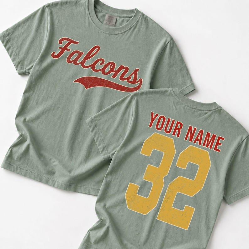 two green t-shirts with the word "Falcons" printed on the front and the number "32" printed on the back.