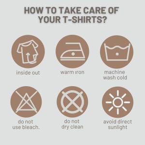 Puede incluir: Un gr&aacute;fico con instrucciones sobre c&oacute;mo cuidar las camisetas. El texto dice "&iquest;C&Oacute;MO CUIDAR TUS CAMISETAS?" con iconos y texto: del rev&eacute;s, plancha tibia, lavar a m&aacute;quina con agua fr&iacute;a, no usar lej&iacute;a, no limpiar en seco y evitar la luz solar directa.
