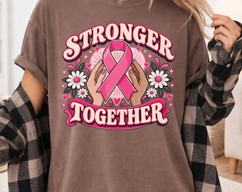 Stronger Together Breast Cancer Shirt. Pink Ribbon Retro Graphic Tee