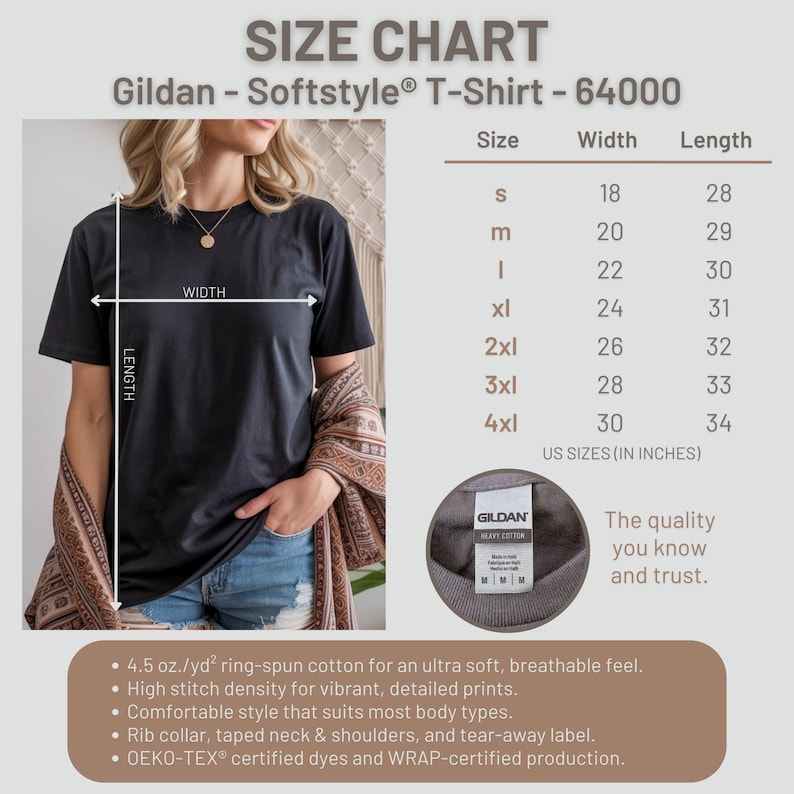 Puede incluir: Tabla de tallas para una camiseta Gildan Softstyle, modelo 64000, con medidas en pulgadas. La tabla muestra las tallas S a 4XL, con los anchos y largos correspondientes. La camiseta es negra y la tabla incluye detalles sobre el tejido.