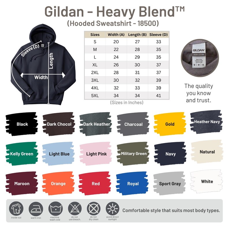 The image is a detailed size chart for a GILDEN Heavy Blend™ hooded sweatshirt, including measurements for different sizes and sleeve types. The chart also provides color swatches for the various styles available in the GILDEN brand.