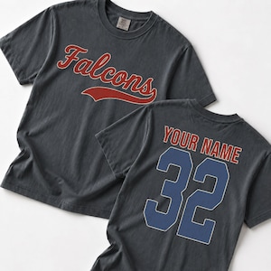 two gray t-shirts with red text and numbers on the back.