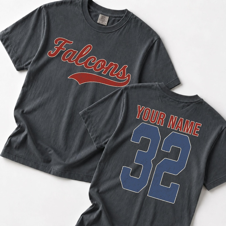 two gray t-shirts with red text and numbers on the back.