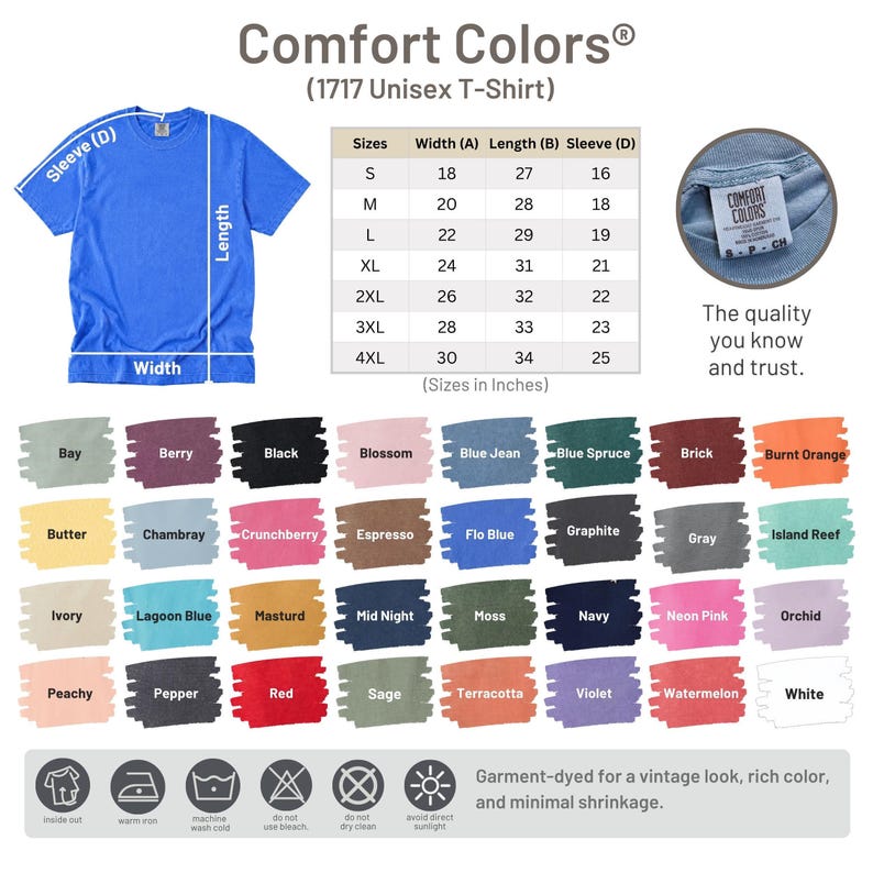 The image is a collage of various color swatches and size charts for a 1717 unisex t-shirt, along with a label for the shirt.