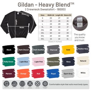 The image is a detailed size chart for a crew neck sweatshirt, including measurements for different sleeve widths and sleeve length. It also displays a variety of color options for the sweatshirt, along with a description of the sweatshirt's features and a list of colors.