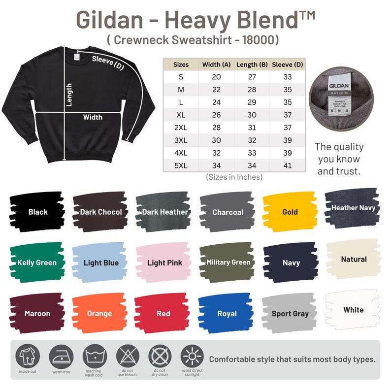 The image is a detailed size chart for a crew neck sweatshirt, including measurements for different sleeve widths and sleeve length. It also displays a variety of color options for the sweatshirt, along with a description of the sweatshirt's features and a list of colors.