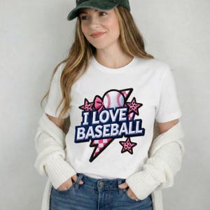 野球大好き！シェニールパッチデザイン – ピンクギンガムチェックの稲妻模様、ヒョウ柄の星柄（デジタルダウンロード）