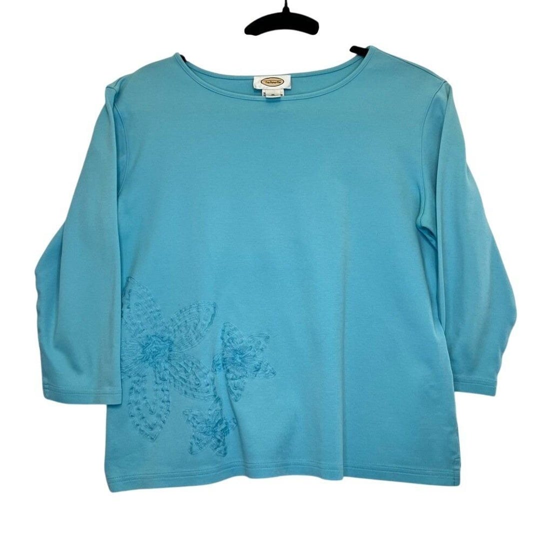 Talbots Blue Ruffled Tees Vintage Talbots Aqua Blue Floral Embroidered Cotton Tee 3/4 Sleeve ...