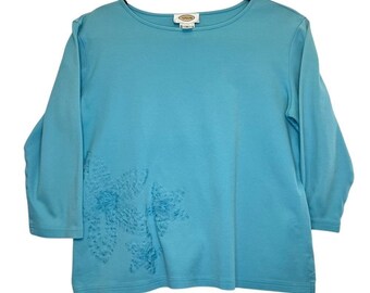 Vintage Talbots Aqua Blue Floral Embroidered Cotton Tee 3/4 Sleeve Bateau Neck M