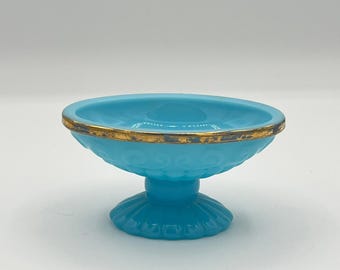 Vintage Avon Bristol Blue Opaline Glass Pedestal Soap Dish Gold Trim