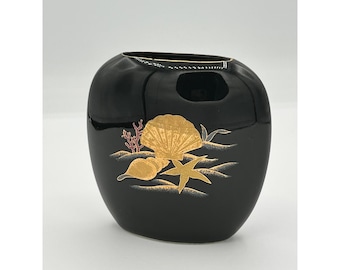 Otagiri Japan Schwarze Gold Muschel Seestern Keramikvase Vintage Küstendekor